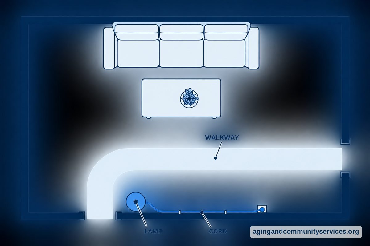 Fall Detection Apple Watch Who Does It Call? A Clear Guide 5 A top down living room diagram shows a clear walkway beside a sofa, an electrical cord along the wall, and a lamp near the doorway.