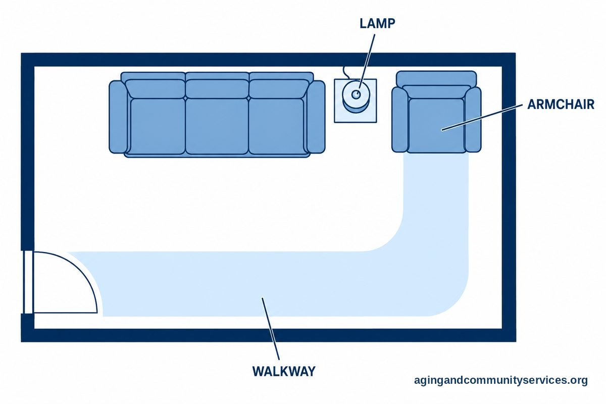 AI and Aging in Place: Practical Help at Home 3 A top down living room diagram shows an unobstructed walkway from a doorway to an armchair beside a table lamp, with a sofa along the opposite wall.