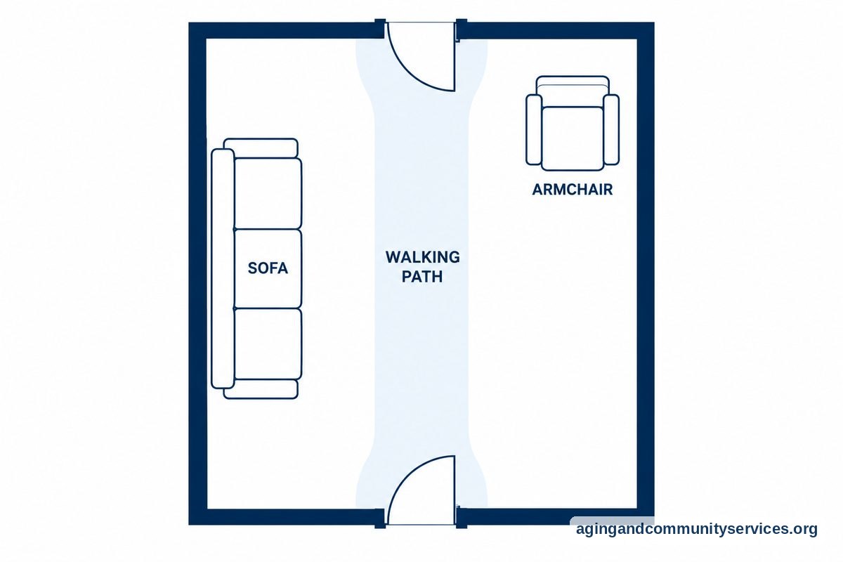 A top down living room plan shows a sofa and armchair positioned outside a clear walking path connecting two doorways.