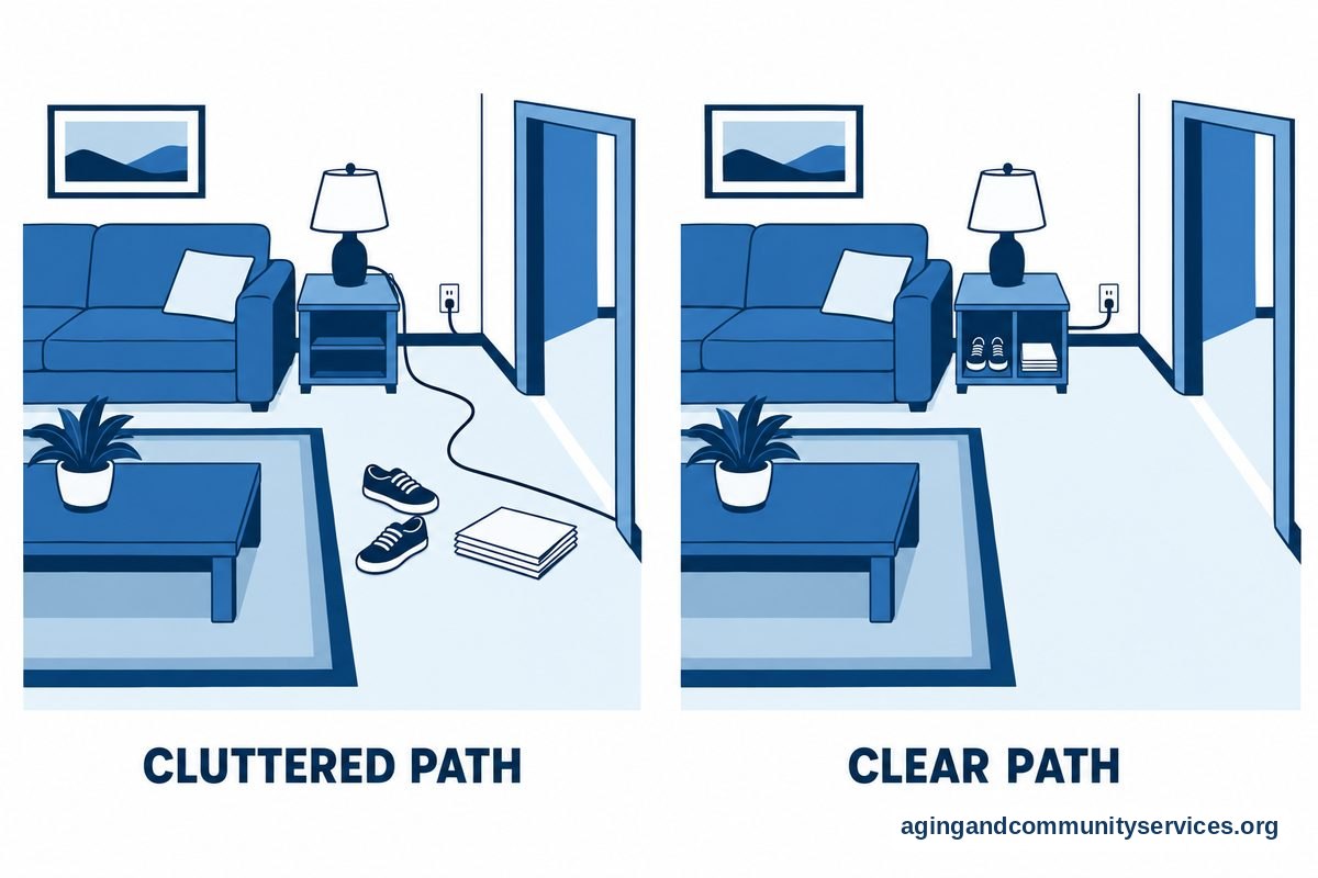 Why Fall Prevention Is Important for Older Adults 4 Two matching living room drawings show shoes, newspapers, and a cord across a walking path in one view and those items moved out of the path in the other.