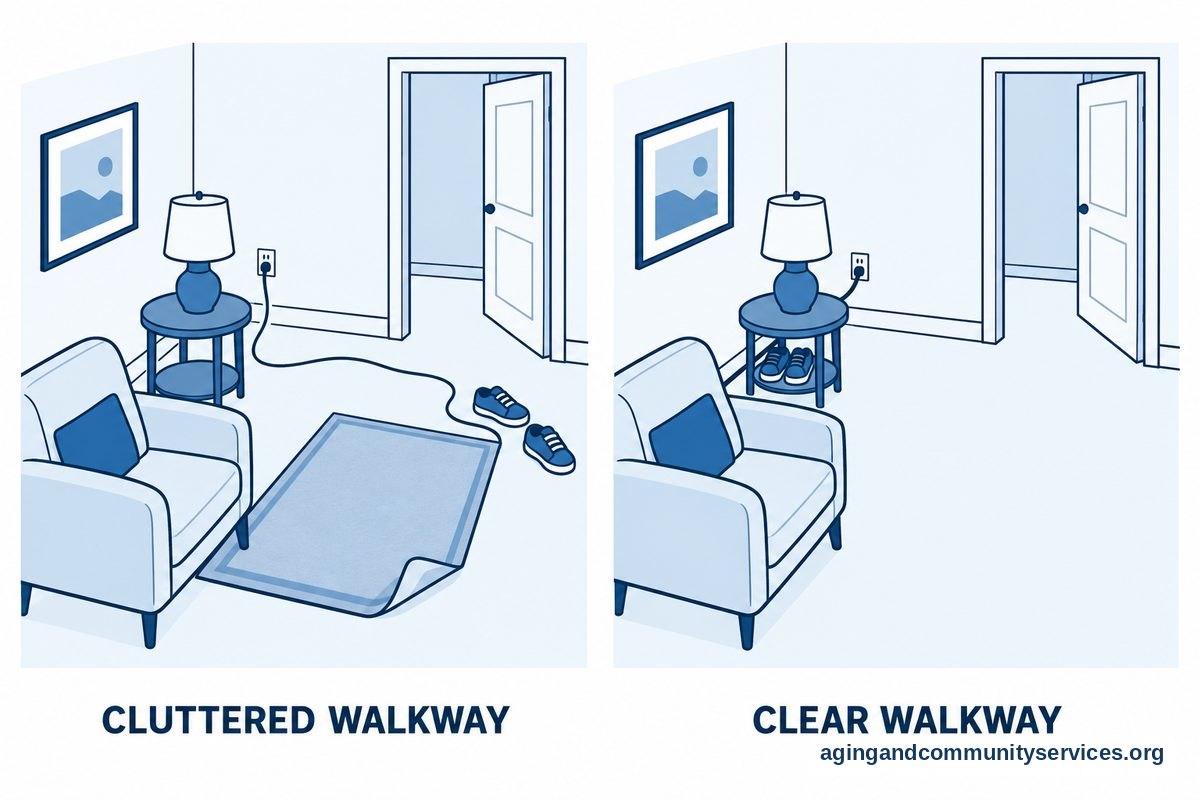 Two views of the same living room show a walkway with a loose rug, shoes, and a trailing cord, then the walkway with those items removed or moved aside.