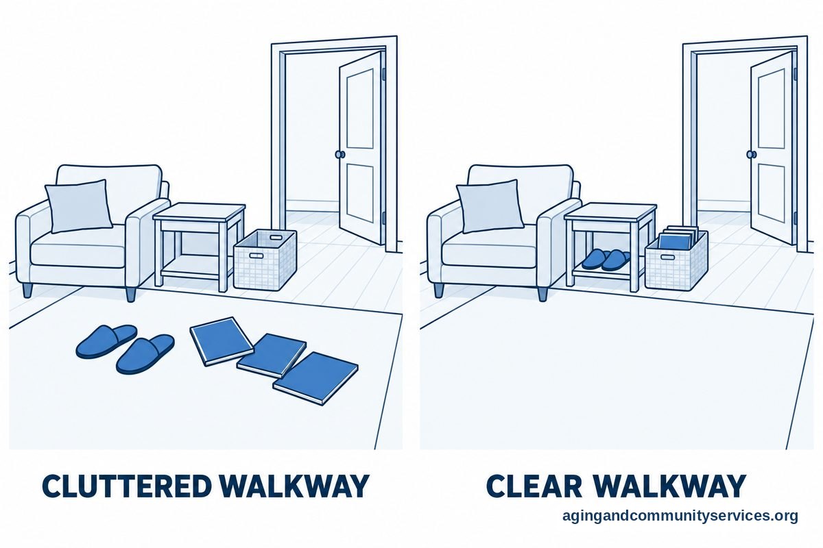 How to Use a Reacher Grabber Safely at Home 4 Two drawings show the same living room walkway with slippers and magazines on the floor and then stored neatly beside the chair.