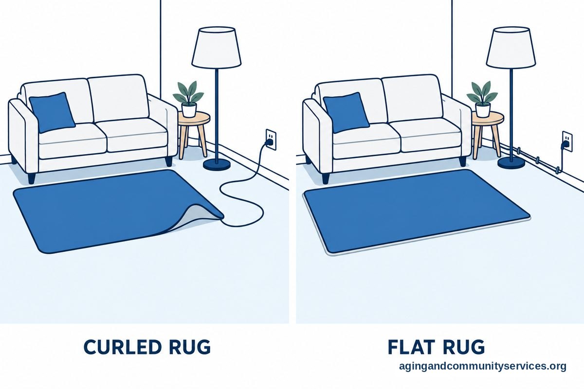 How to Choose a Medical Alert System for Your Needs 5 A diagram shows the same living room walkway twice, first with a curled rug and a crossing cord and then with a flat rug and a cord routed along the wall.