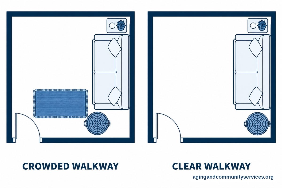 Two matching living room drawings show a basket and loose rug in a walking route on the left and the basket relocated with the rug removed on the right.