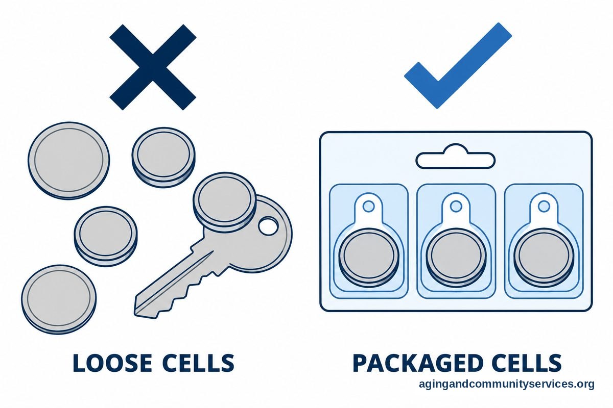 A crossed example shows loose button cells touching coins and a key, while a checked example shows cells separated inside an intact blister pack.