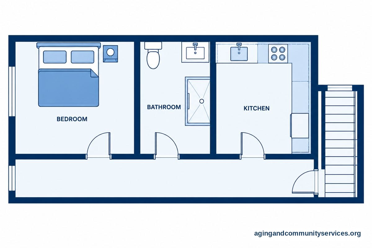Health And Safety Using Stairs At Home 6 A top view of one home level shows a bedroom, bathroom, and kitchen connected by an unobstructed hallway beside a staircase.