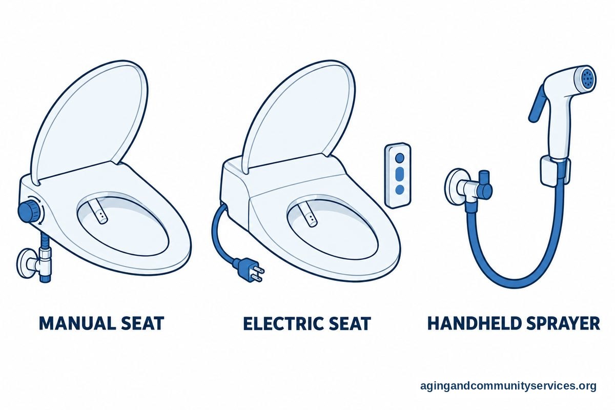 Three panels show a manual bidet seat with a dial, an electric bidet seat with a cord and remote, and a handheld sprayer with a hose.