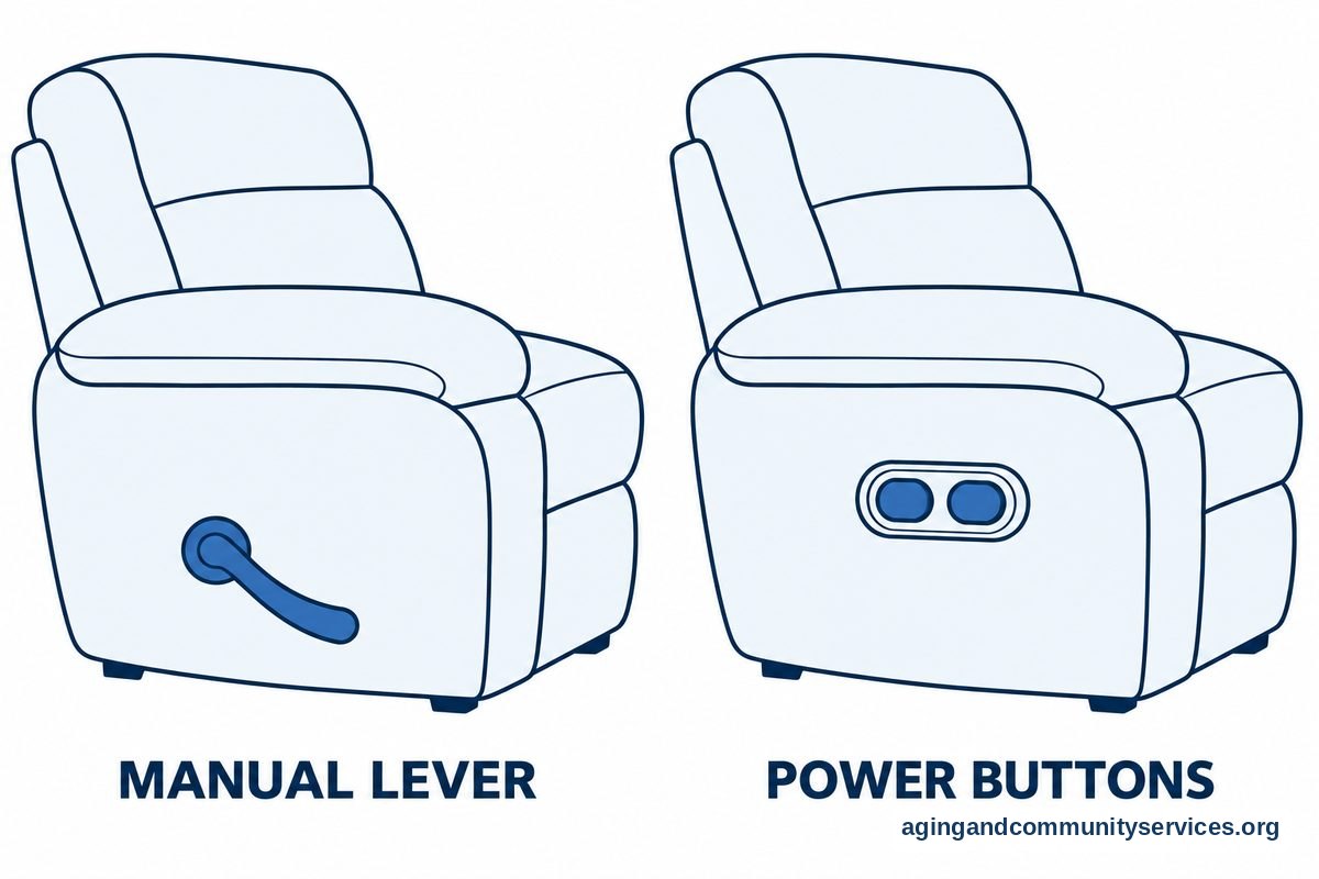 Two vector drawings show a manual lever and a pair of power buttons mounted on matching sofa armrests.