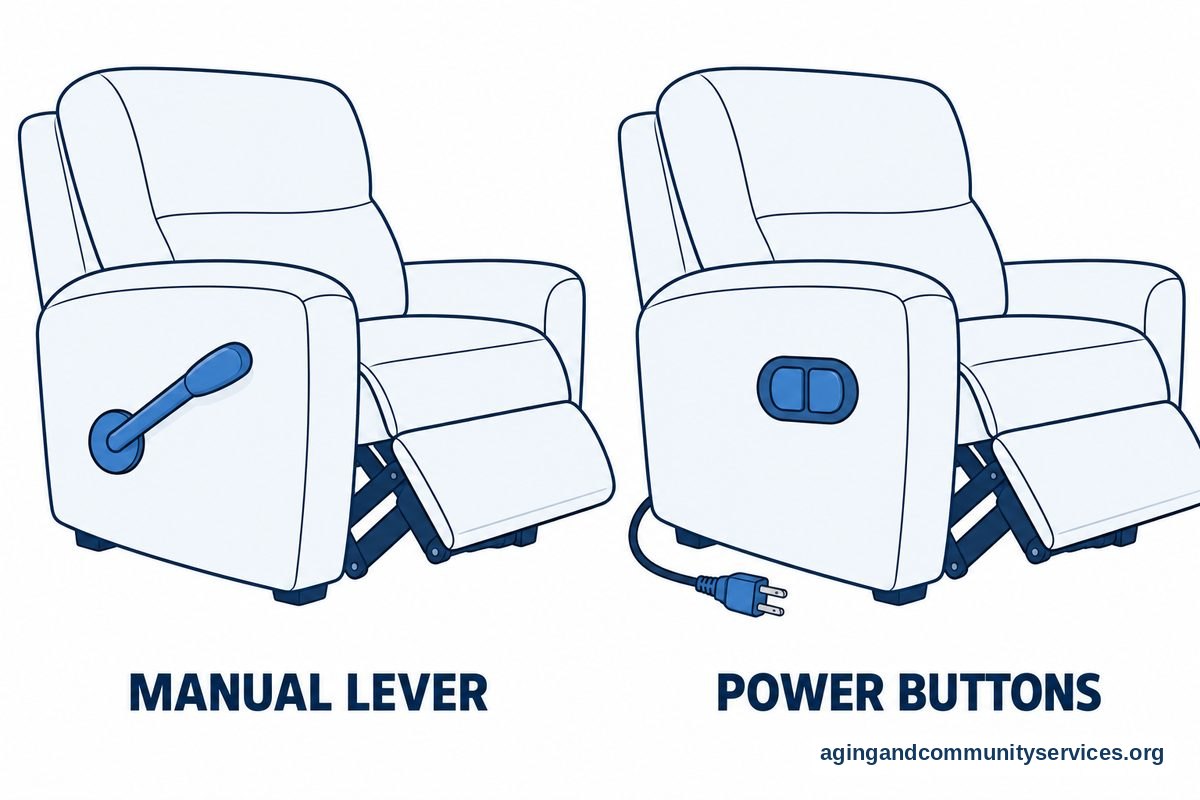 How to Choose Recliner Sofa Options for Your Home 3 Two matching sofa arm drawings show a projecting manual lever on the left and a recessed electric button panel on the right.