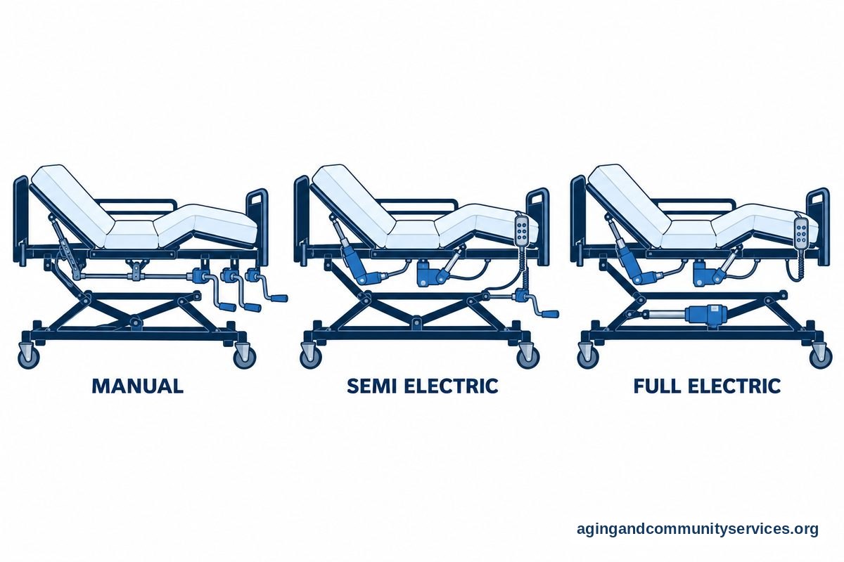 Three hospital bed drawings show manual cranks, a combination of cranks and electric controls, and fully electric adjustment mechanisms.