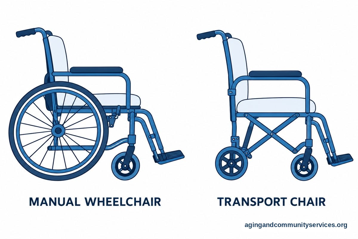 Two wheelchair profiles show a manual chair with large rear wheels and hand rims beside a transport chair with small wheels.