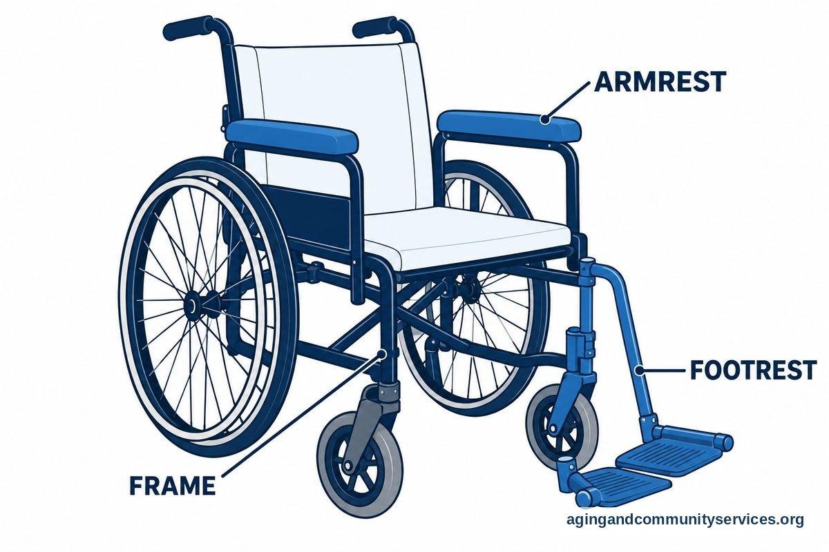 A large drawing of a manual wheelchair identifies its continuous frame tube, detachable footrest assembly, and padded armrest with three leader lines.