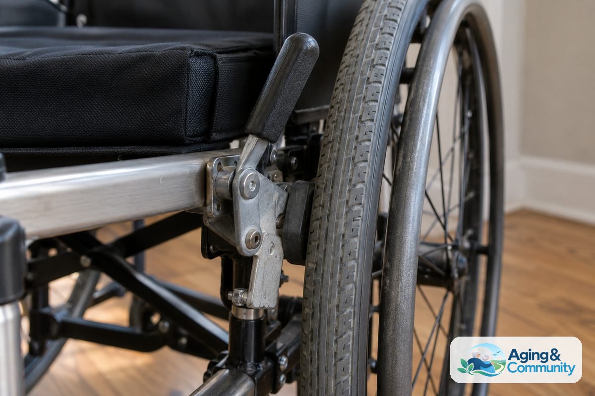 A close view shows a manual wheelchair parking brake with its metal shoe pressed against the rear tire beneath the seat.