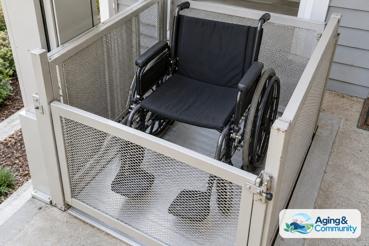How to Use Wheelchair Lift Systems Safely at Home 2 An empty manual wheelchair sits fully inside a lift platform with its wheel locks engaged and the entry gate closed.