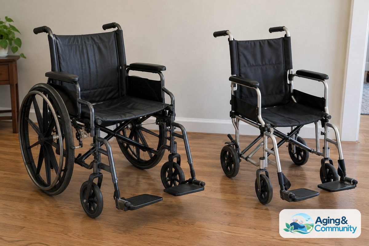 A manual wheelchair with large rear wheels and a transfer chair with four small wheels sit beside each other on a hardwood floor.