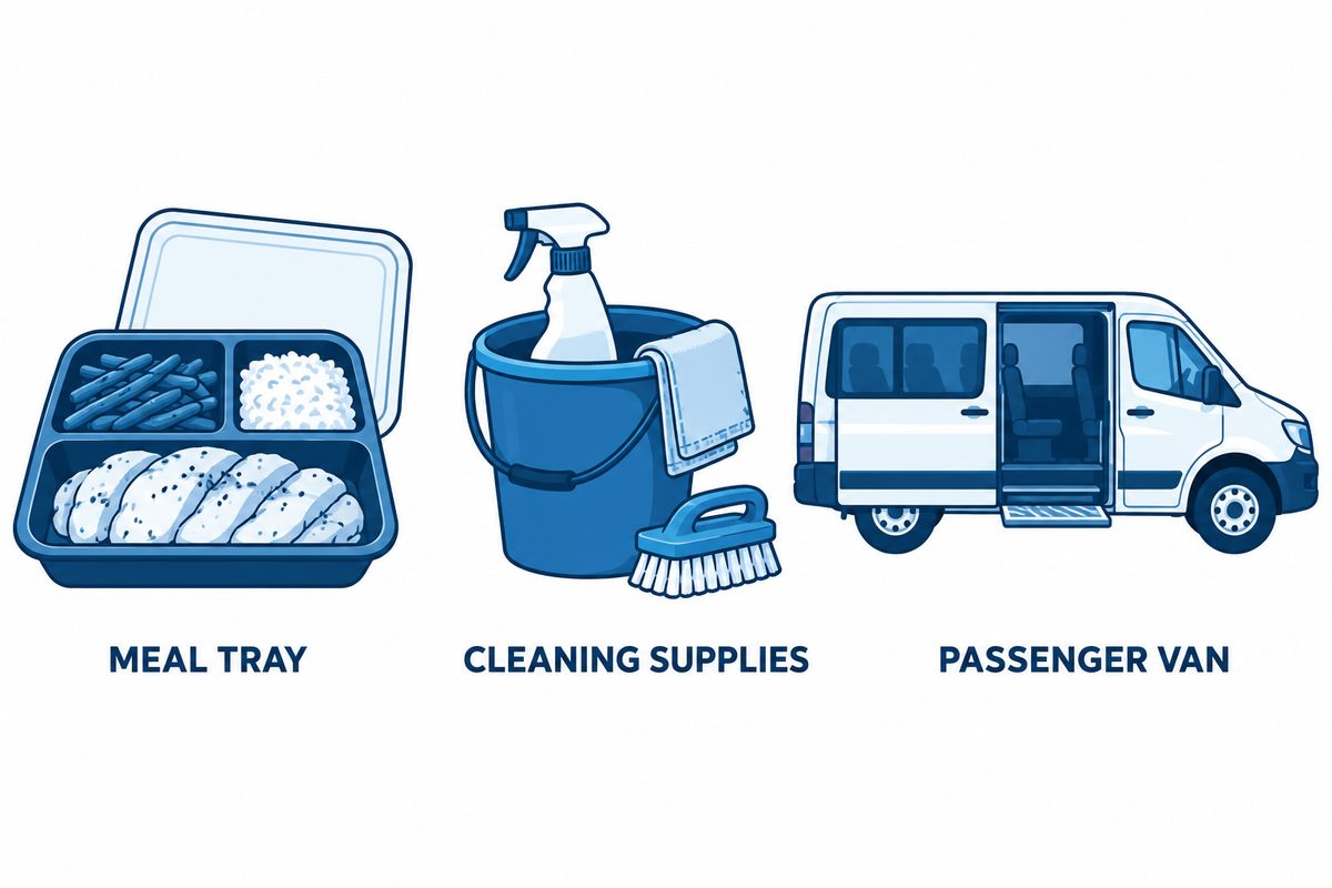 Three illustrations show a meal tray with food, a bucket with cleaning supplies, and a passenger van with a sliding side door.
