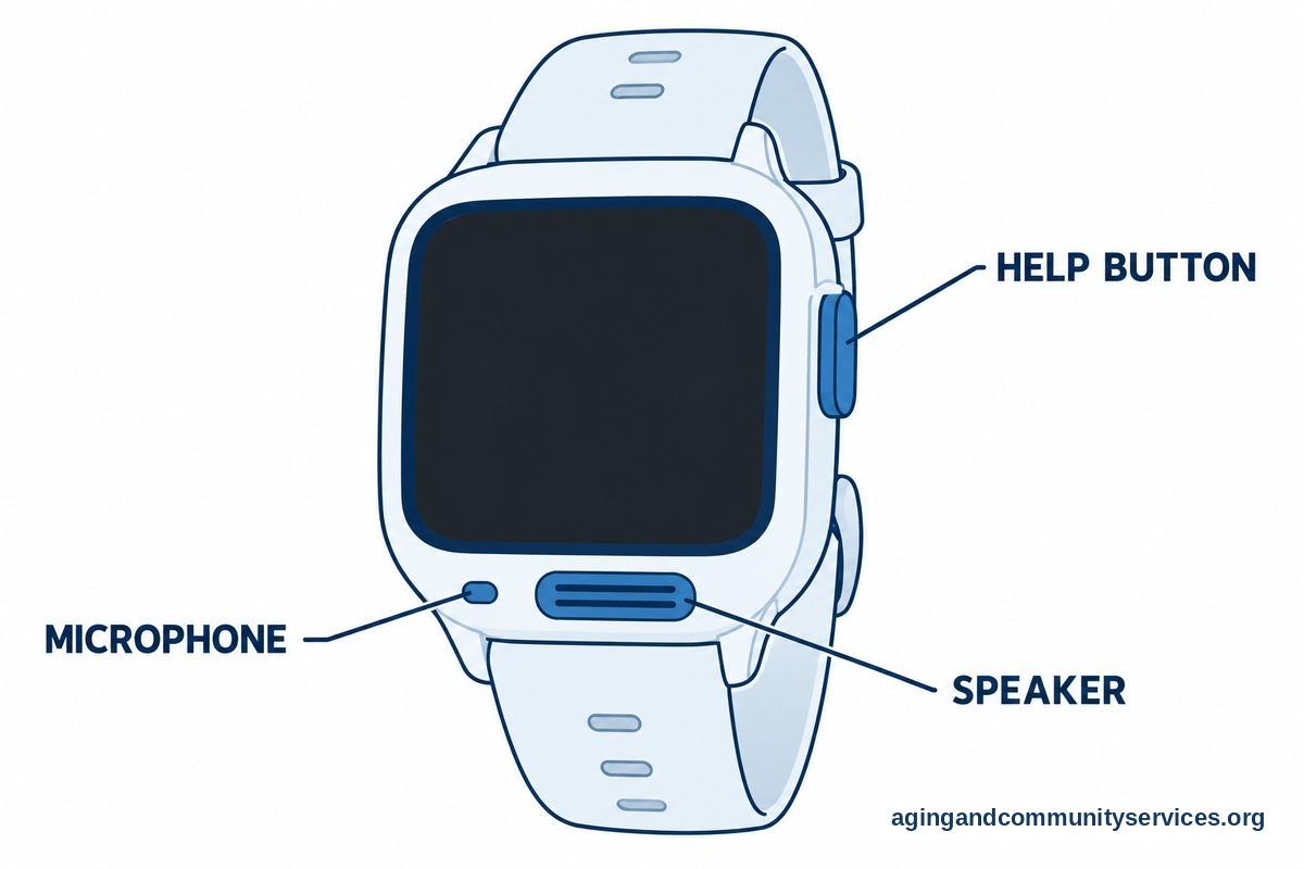 A large smartwatch drawing has three callouts pointing to a raised side button, a speaker grille, and a small microphone opening.