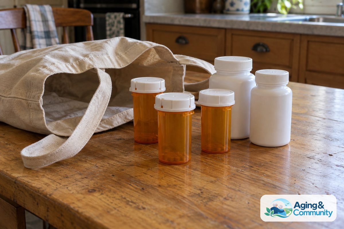 Several closed amber prescription bottles and white supplement bottles stand beside an open canvas tote on a kitchen table.