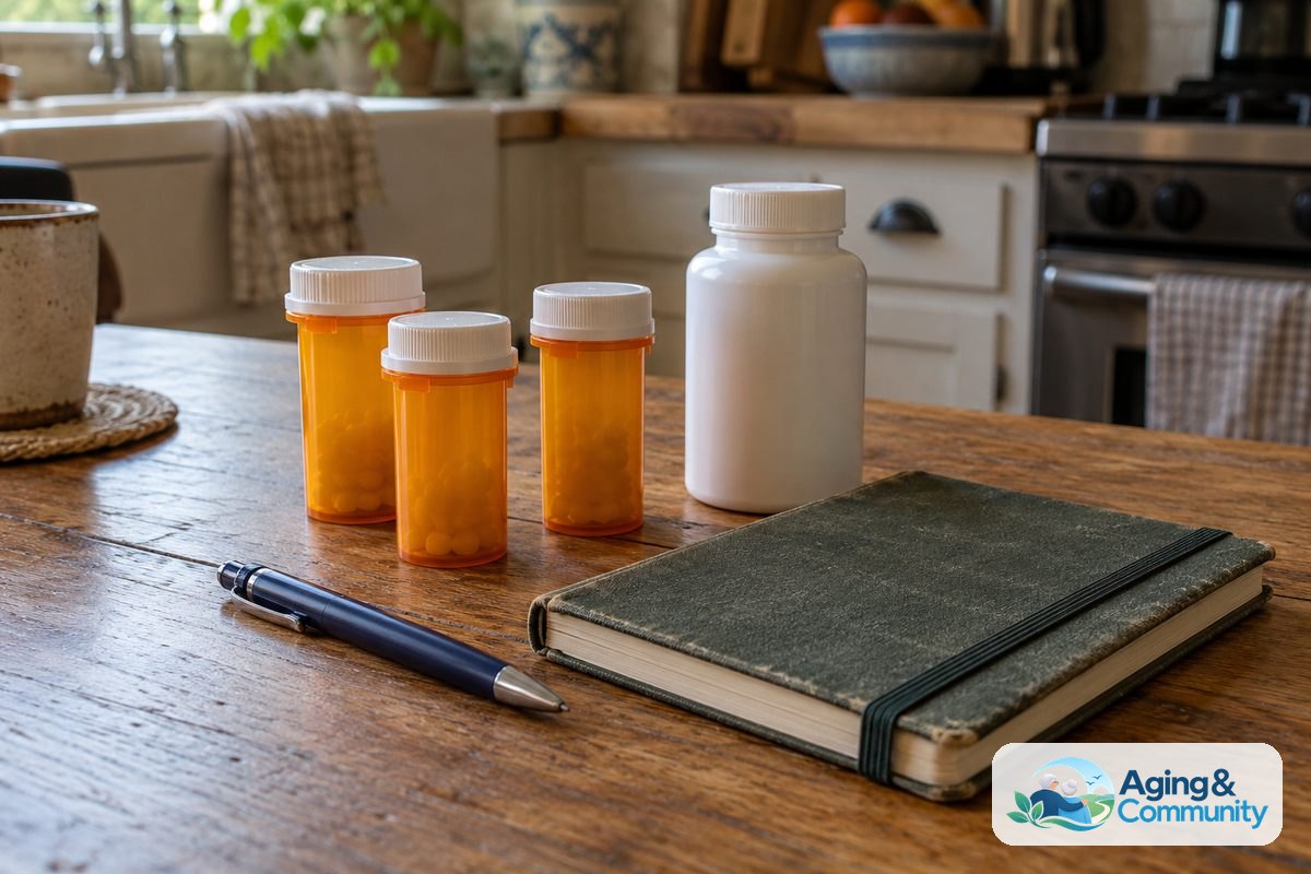 Prescription bottles, a vitamin bottle, a closed notebook, and a pen sit together on a worn oak tabletop.