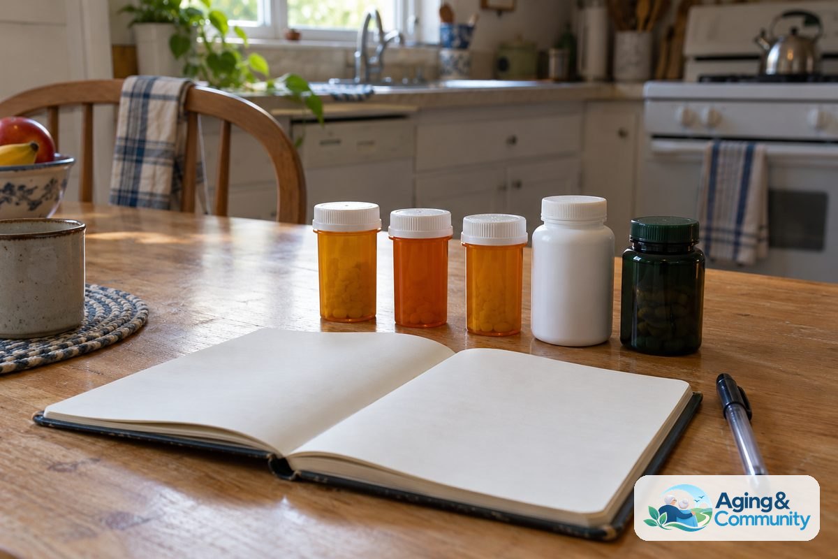 Closed medicine bottles, a supplement container, a notebook, and a pen are grouped on a wooden kitchen table.