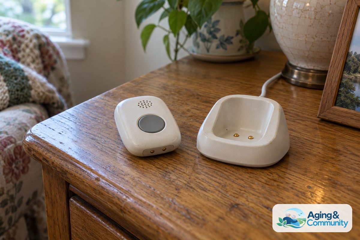 How to Choose a Medical Alert System for Your Needs 4 A portable alert device rests beside a charging cradle with visible metal contacts and a power cable on a side table.