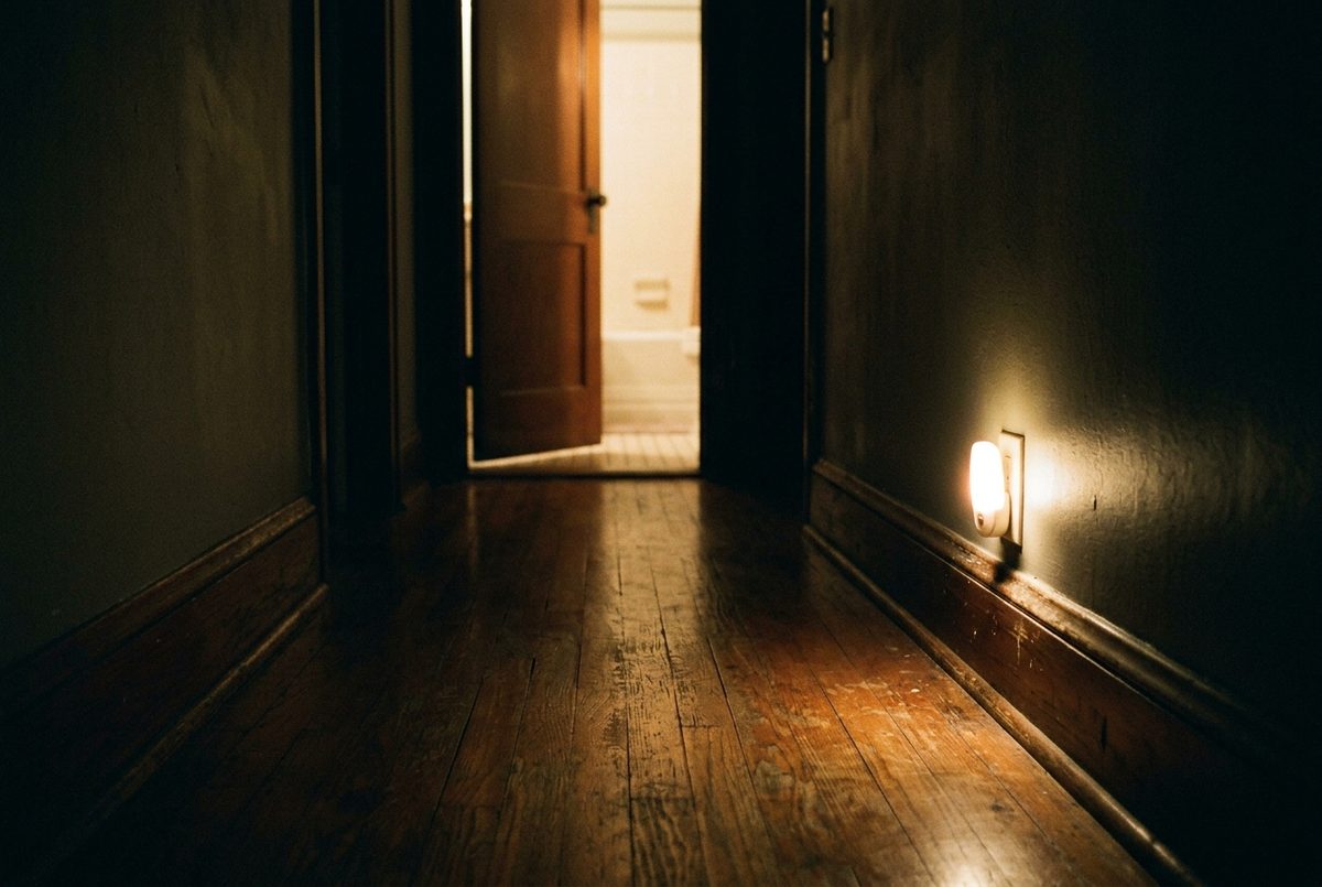 Room-by-Room Home Safety Checklist 2 A small motion-sensor night light glowing near the floor of a dark hallway, lighting the route from the bedroom to the bathroom