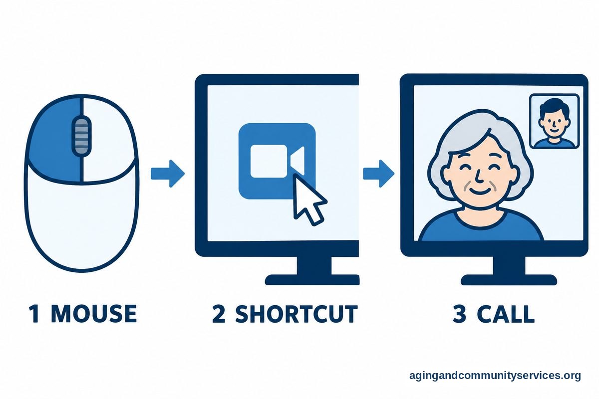 A three stage illustrated sequence shows a mouse, a camera shortcut selected by a pointer, and a computer screen displaying a video call.