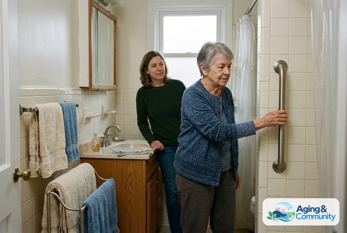 A woman stands beside a bathroom grab bar while another woman watches where her hand rests.