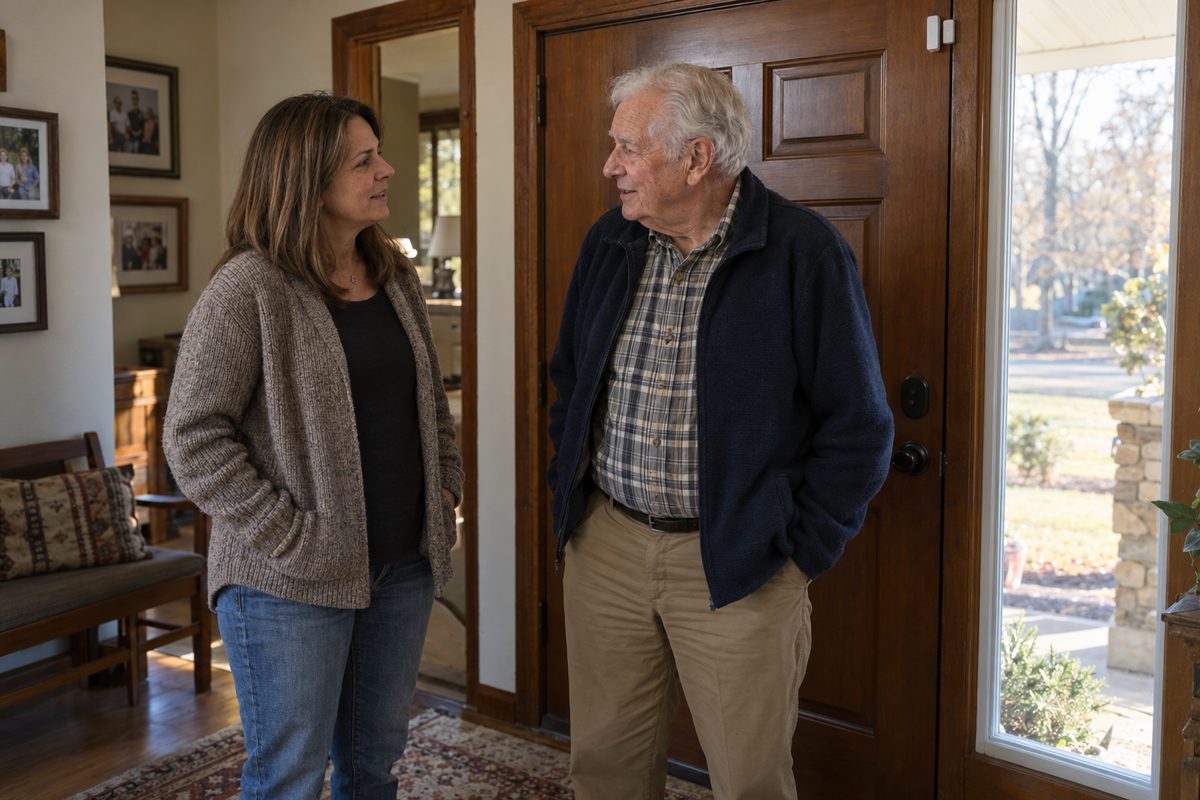 An older man and a younger woman stand beside a closed front door with a small sensor mounted near its upper corner and an unobstructed hallway behind them.