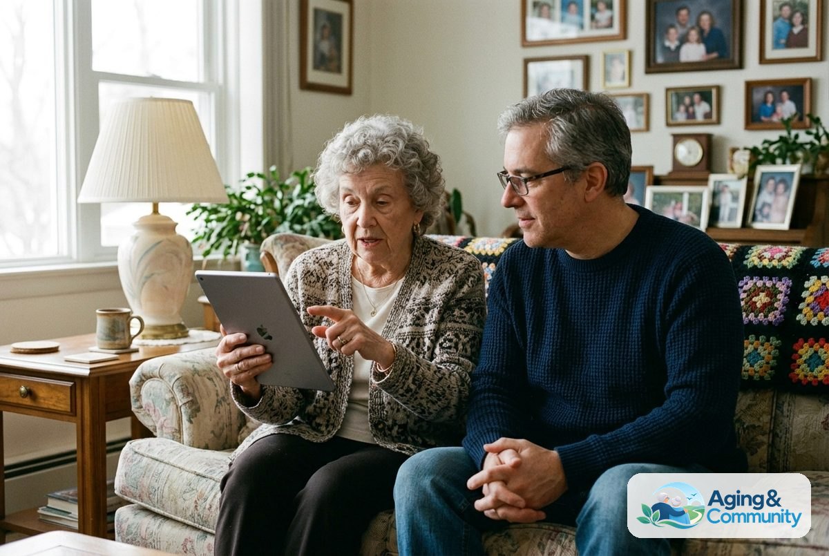 An older woman holds a tablet while a younger adult sits beside her and looks at the screen in a furnished living room.