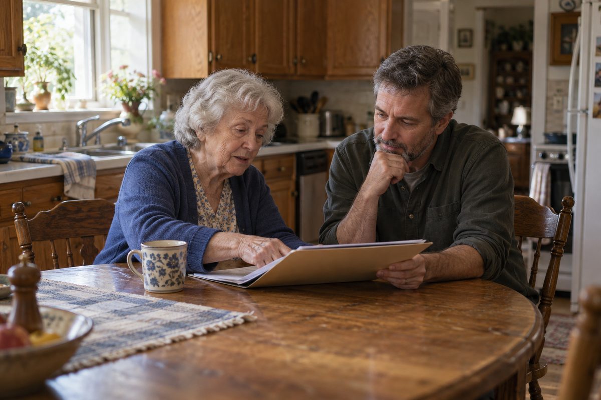 A woman with gray hair sits at a wooden kitchen table beside a younger man, pointing to a folder between them.