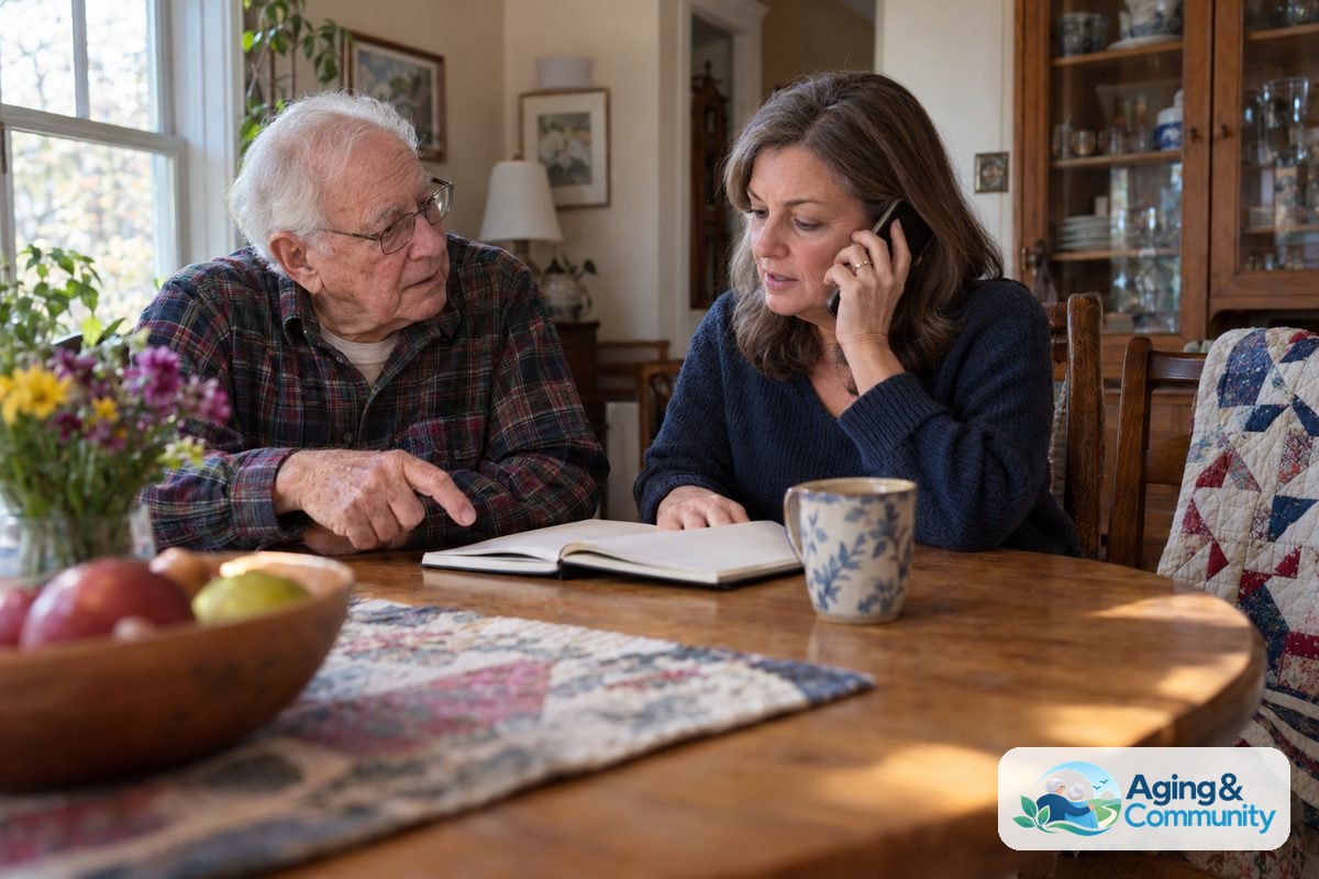 An older man sits beside a woman speaking on a phone, with a notebook open on the table between them.
