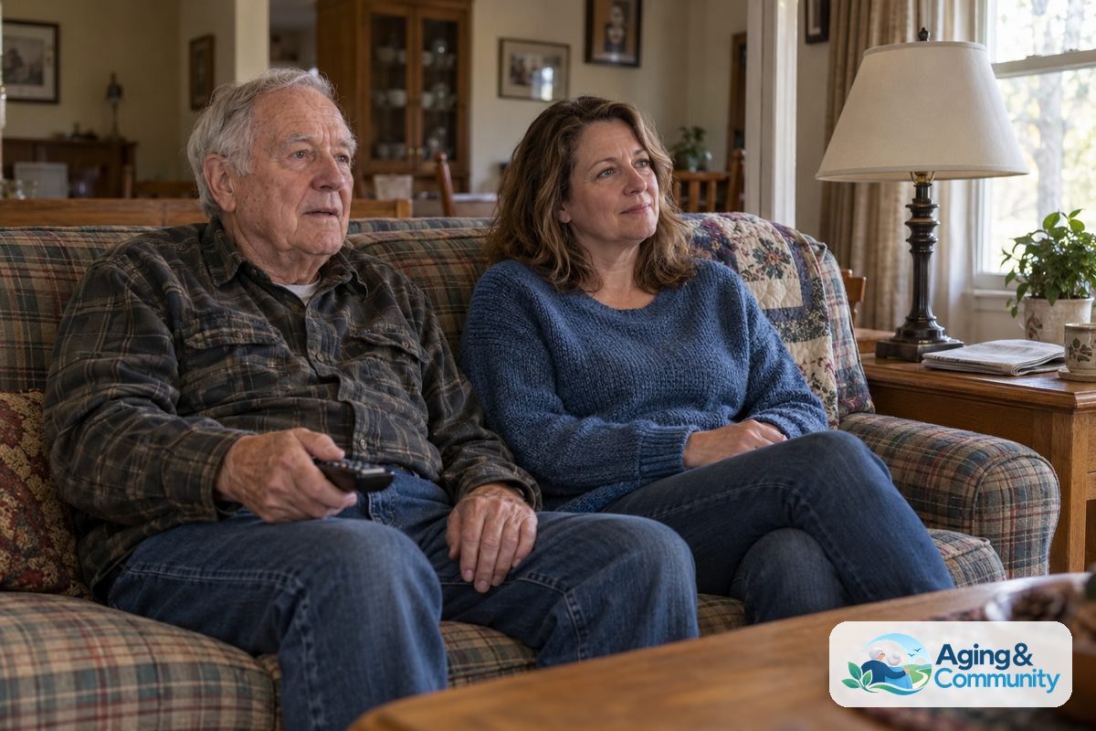 An older man holds a remote while a middle aged woman sits beside him and looks toward the same television.