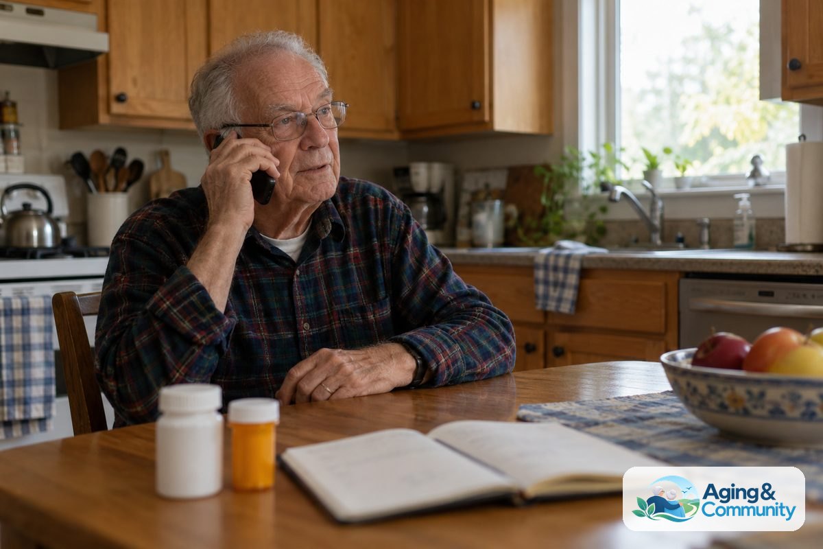 An older man sits at a kitchen table holding a phone beside eyeglasses, medication bottles, and an open notebook.