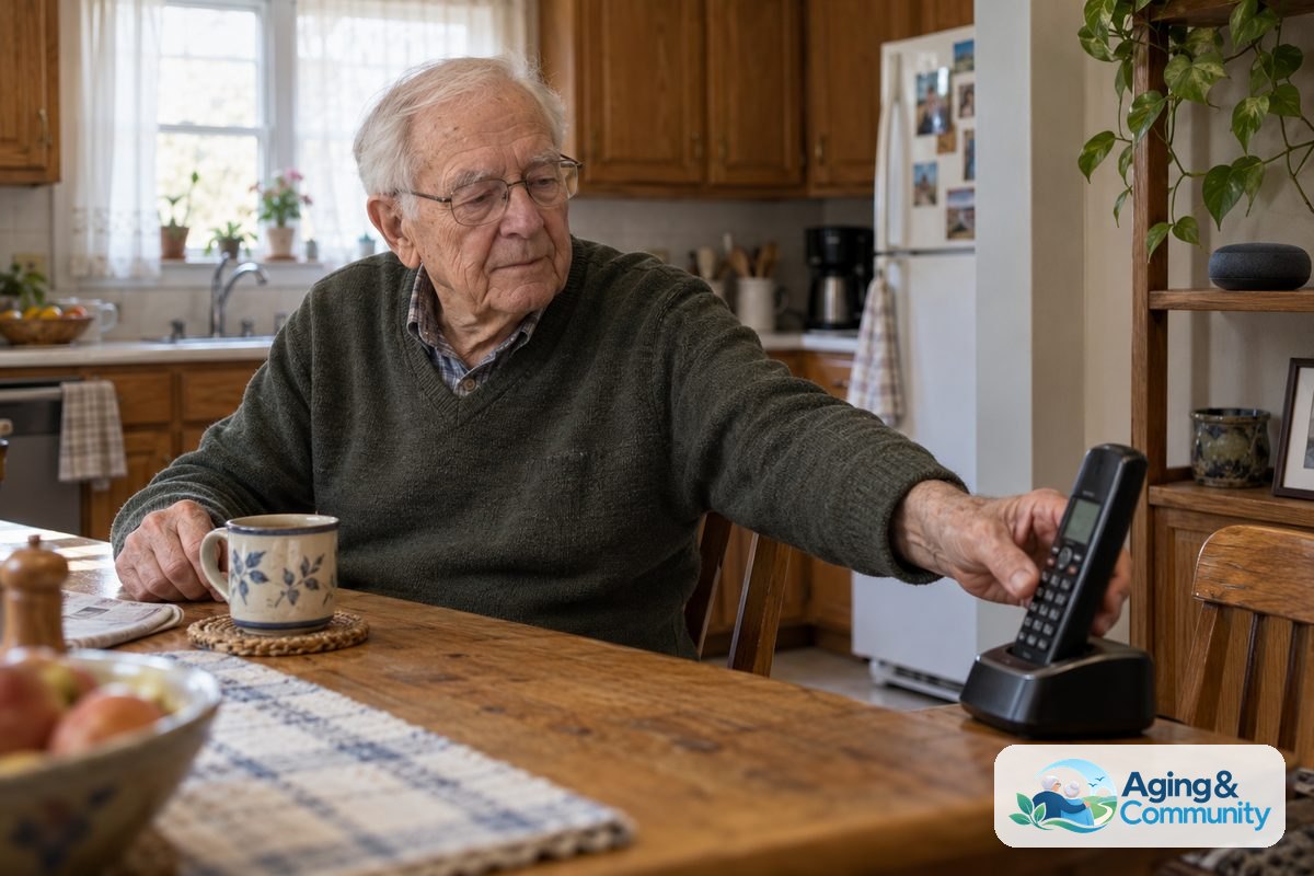 An older man sits at a kitchen table with a cordless telephone within reach and a smart speaker on a nearby shelf.