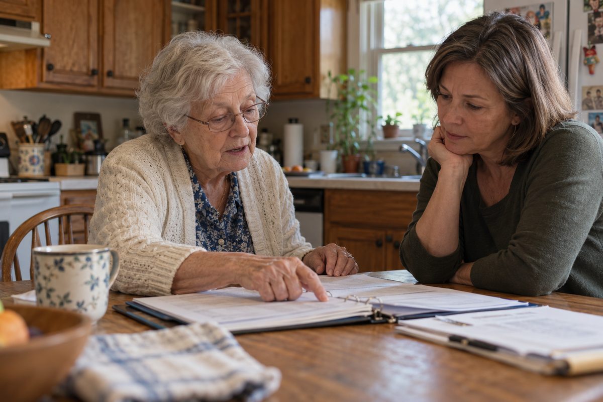 An older woman wearing reading glasses points to a page in an open binder while a younger woman sits beside her at a wooden kitchen table.