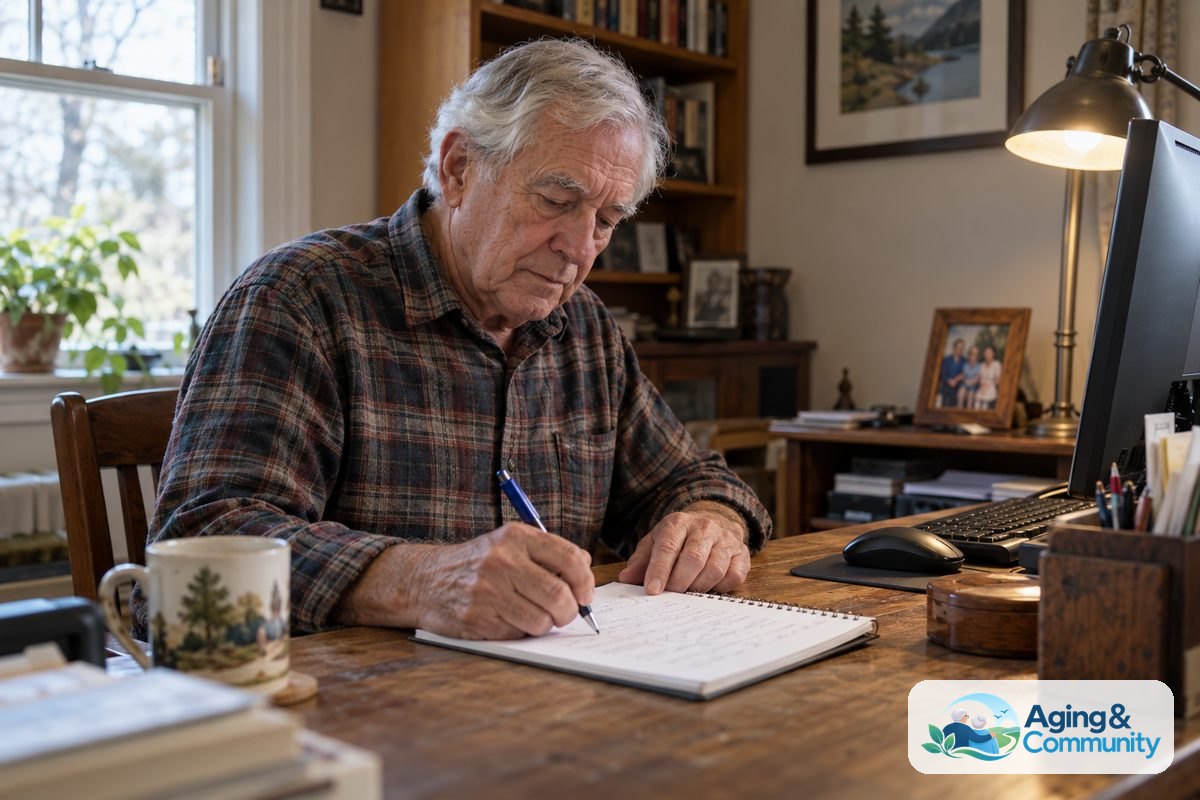 A man in his mid 70s sits at a home desk jotting notes onto a pad next to a computer keyboard and screen.