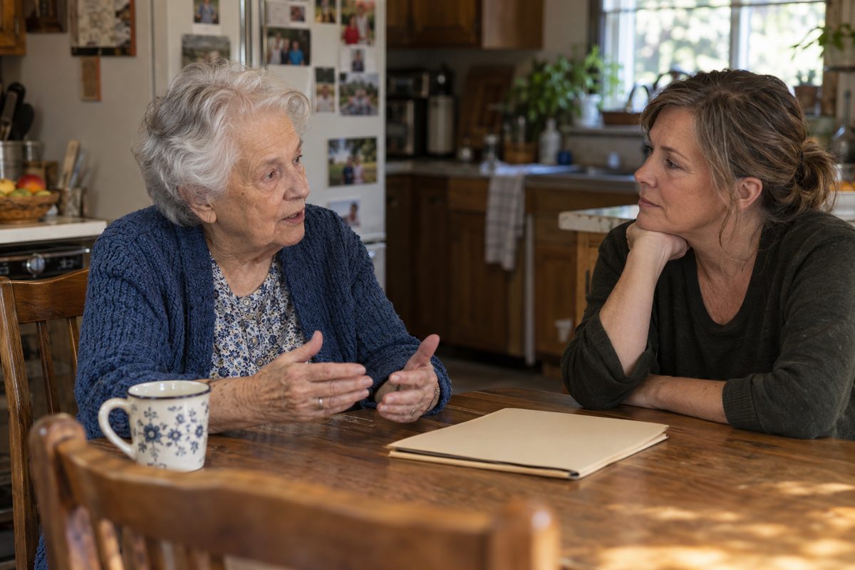 An older woman sits at a wooden kitchen table and speaks with another adult who listens beside a closed folder.