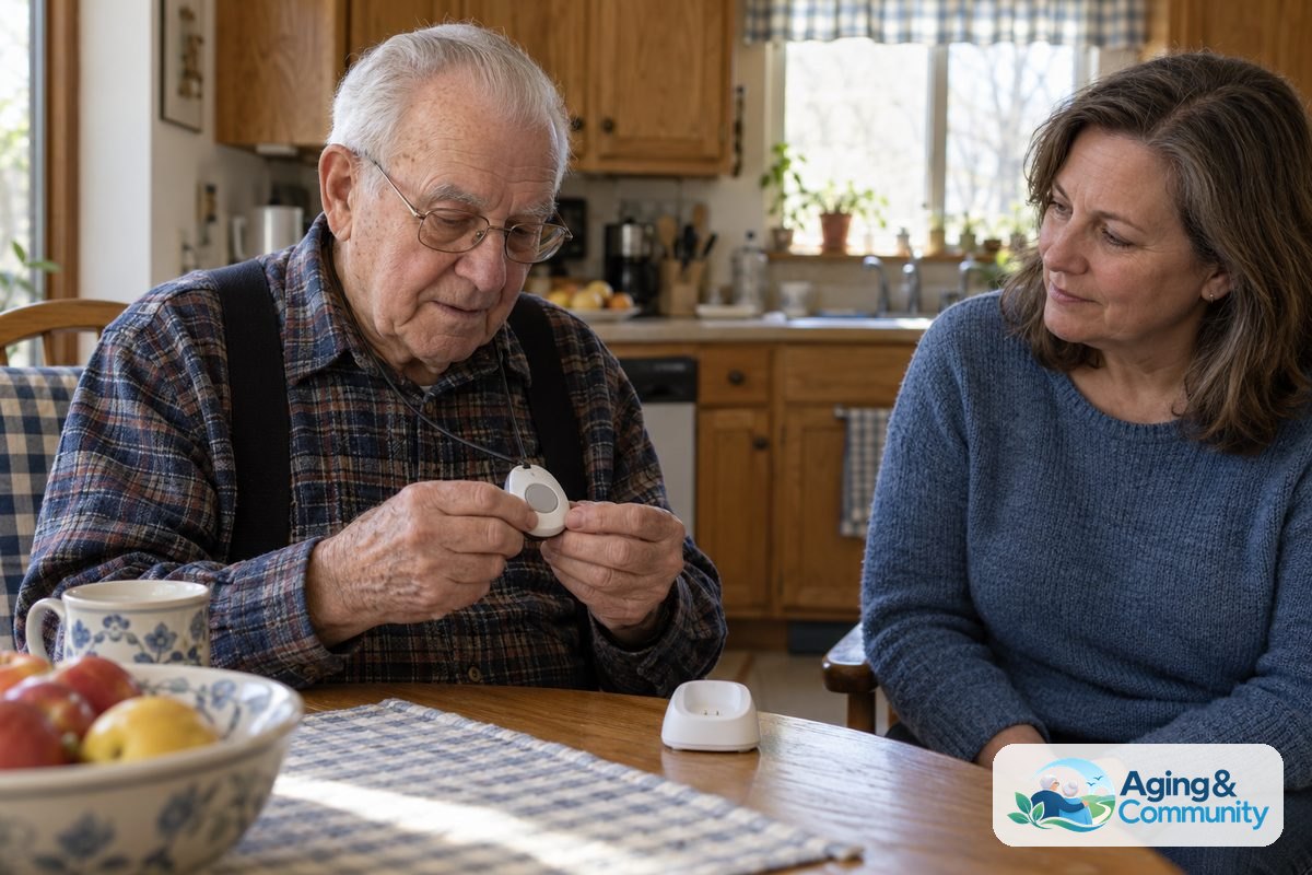 Home Protection Tips for Seniors Living Alone 4 An older man seated at a kitchen table holds a personal alert pendant while a younger woman sits beside him.