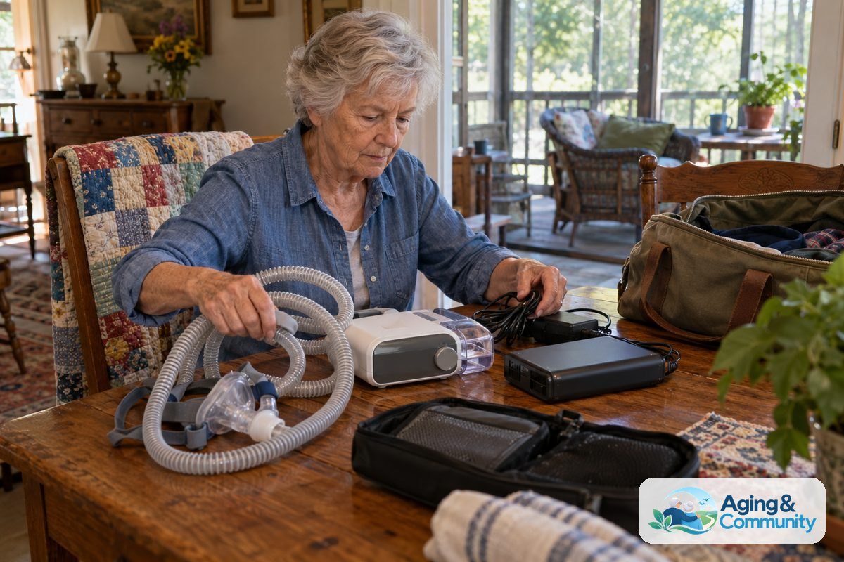 A woman packs a CPAP machine, coiled tubing, and a compact battery beside a canvas camping bag on a wooden dining table.