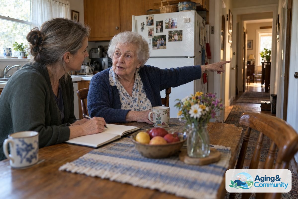 A woman sits at her kitchen table and points toward the hallway while a consultant listens beside an open notebook.