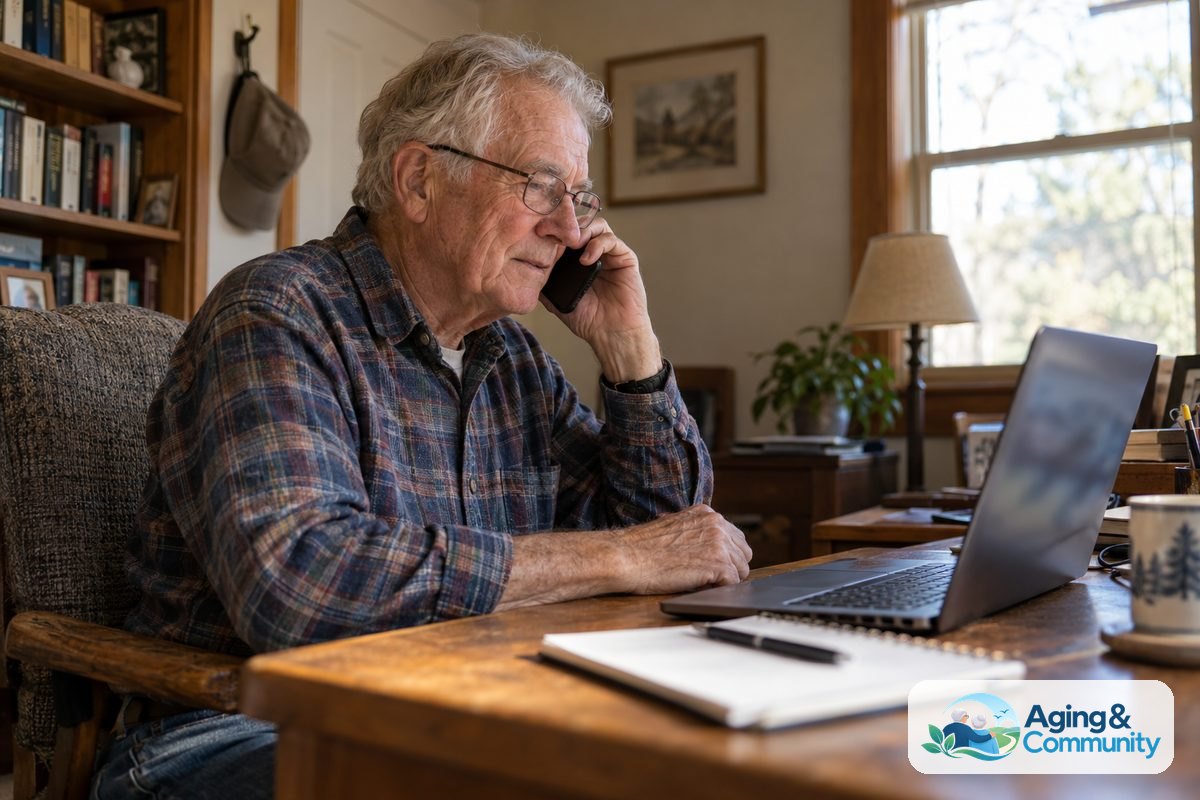 An older man holds a phone to his ear beside an open laptop and a notebook on a home desk.