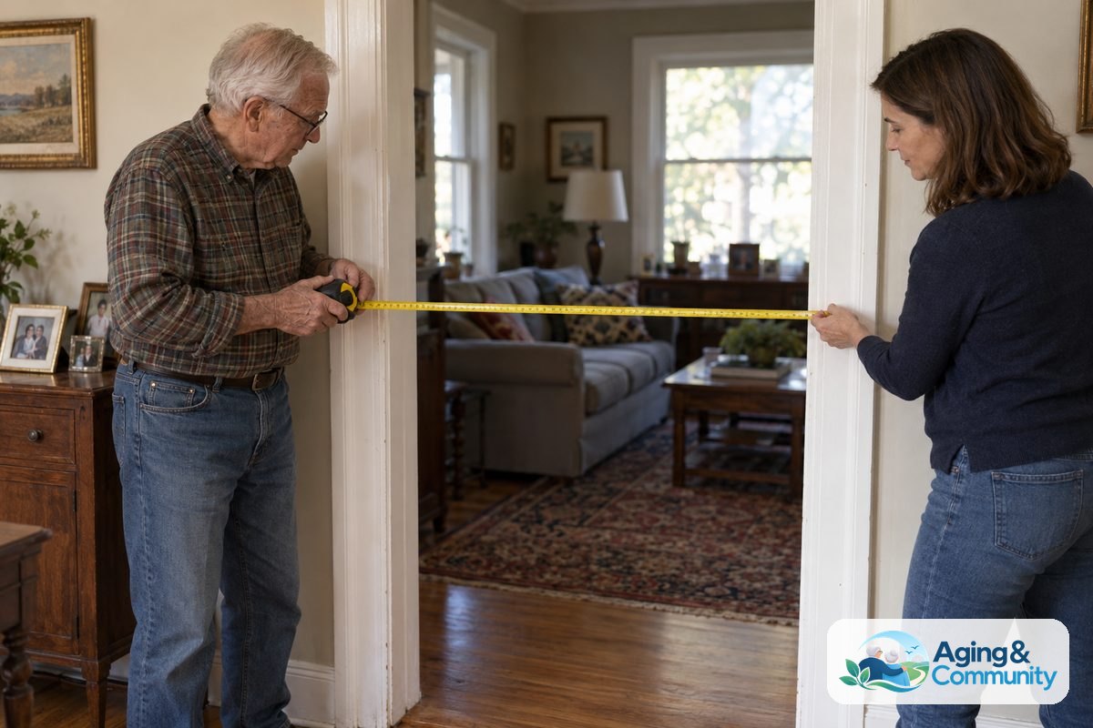 An older man holds one end of a tape measure while a younger companion holds the other end across an open interior doorway.