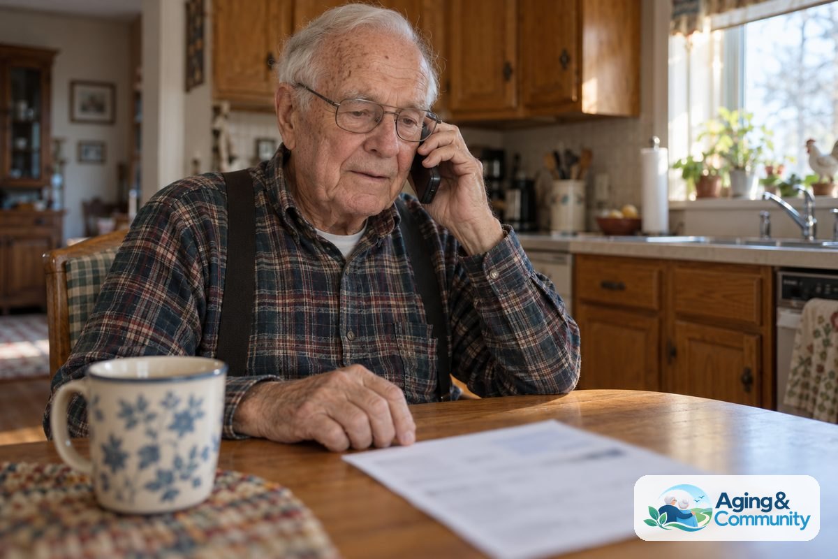 An older man holds a phone to his ear while looking at a paper bill on a kitchen table.