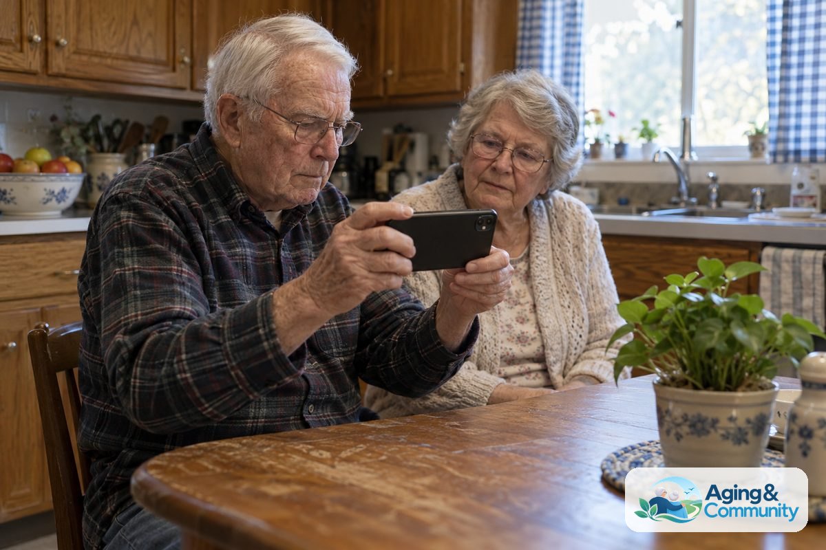 An older man points an iPhone camera toward a potted plant while a woman watches from beside him at a kitchen table.