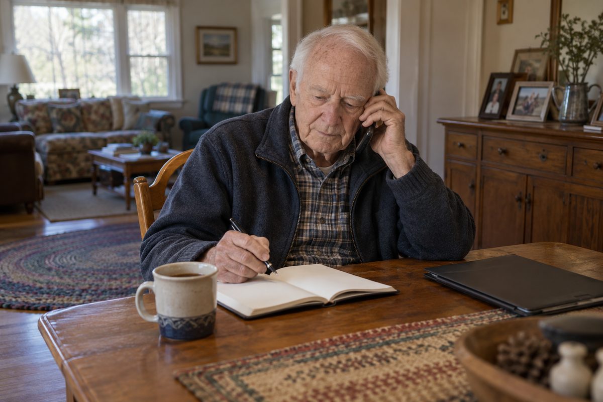 An older man holds a phone to his ear while looking at an open notebook beside a closed folder on a dining table.