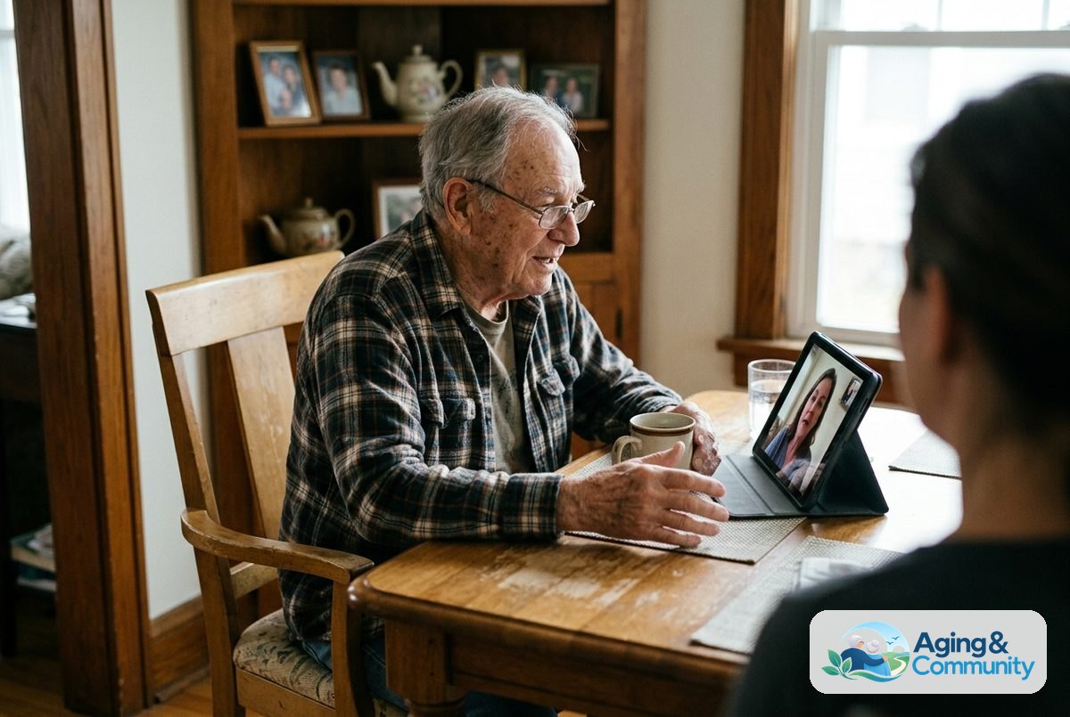 Tablet for Senior Citizen: Simple Buying Guide 4 An older man sits at a dining table facing a tablet that shows an adult family member during a video call.