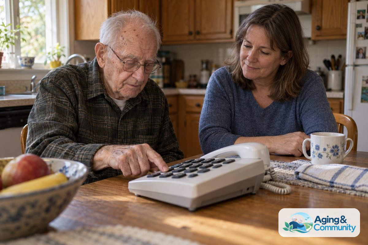 Smart Home Alternatives for Safer, Easier Living 5 An older man presses a large button on a telephone at a kitchen table while a younger woman watches beside him.