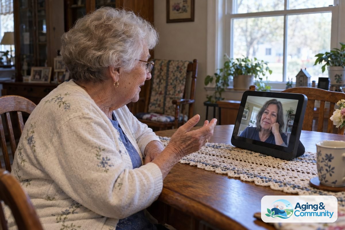 An older woman sits at a dining table facing a smart display whose screen shows an adult daughter's face.