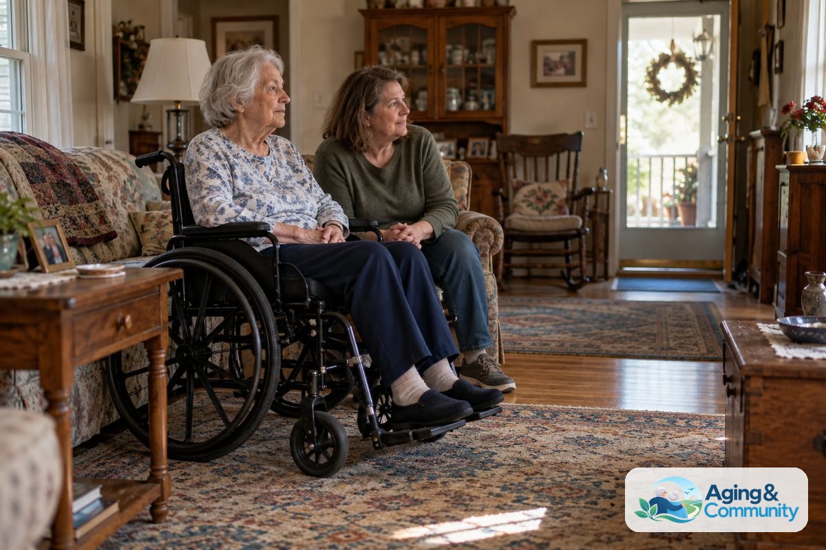 A woman seated in a manual wheelchair and a companion look toward the porch entrance from a level living room floor.